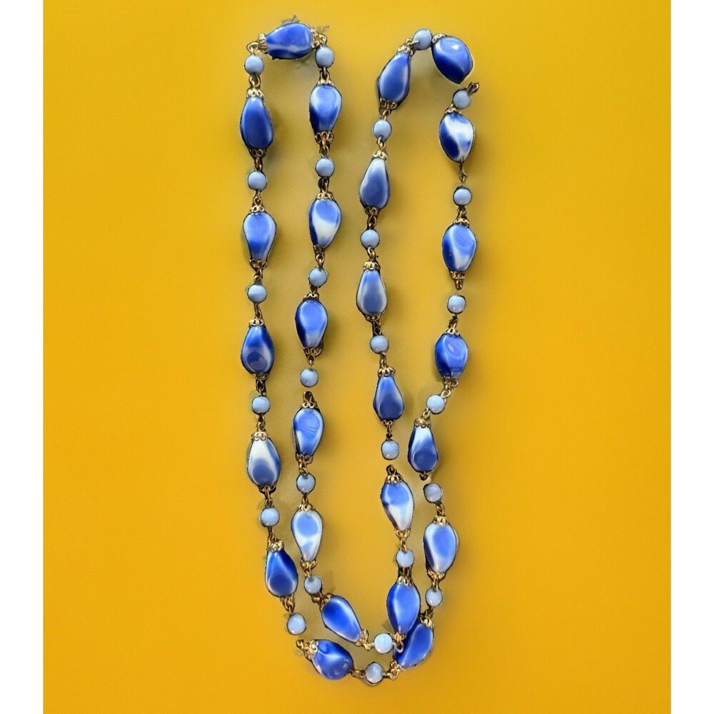Vintage Blue White Swirl Slag Art Glass Bead Necklace Gold Tone Filigree Czech